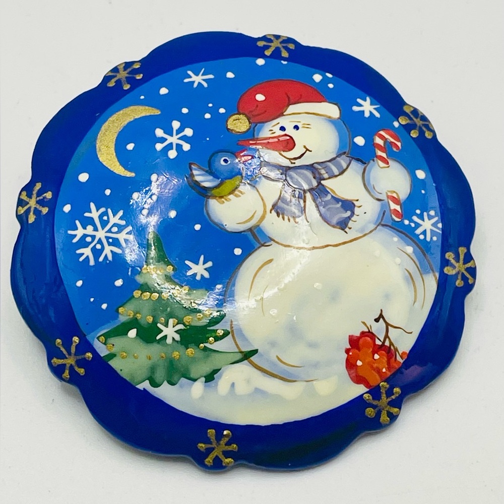 Russian Hand Painted Lacquer Wooden Snowman and Bird Brooch Pin. Festive